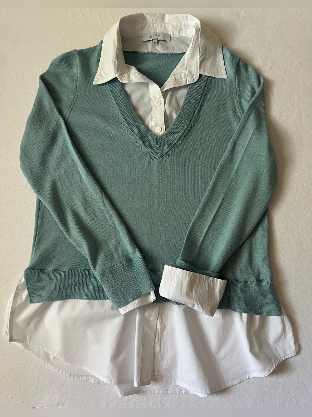 Pearl By Lela Rose 2-in-1 Layered Merino Wool Sweater Size M, Lt.. Turq., EUC - Picture 10 of 16